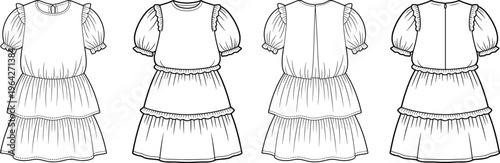 Girls ruffle sleeve dress set, tiered skirt design, front and back views, cute fashion apparel templates – vector illustration