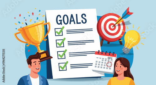 Business goals achievement concept, successful team with checklist and trophy, strategic planning and target accomplishment vector illustration