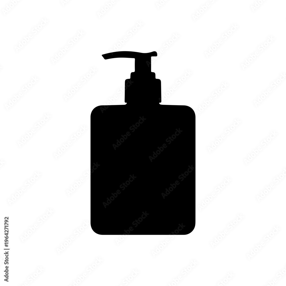 Obraz premium Solid black silhouette of a square cosmetic lotion bottle with pump flat minimal design Vector illustration