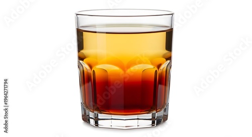 Glass of amber brown colored liquid.