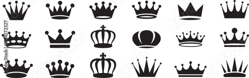 Crown icon collection in various styles including royal king and queen crowns 