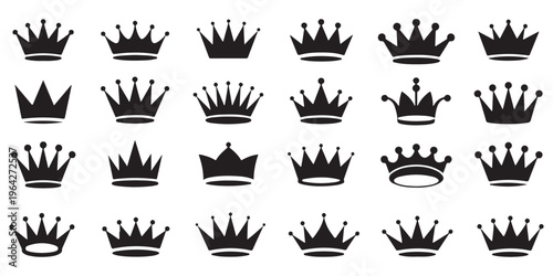 Crown icon collection in various styles including royal king and queen crowns 