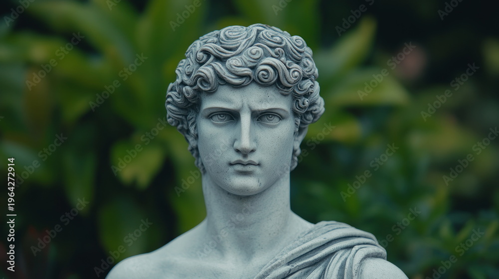 Obraz premium marble bust sculpture classical young man lush green garden elegant statue art