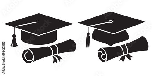 Photos Graduation cap and diploma icon collection in outline and solid silhouette style