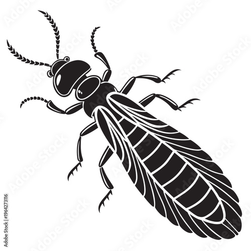 Black Silhouette Termite Insect Vector, Winged Pest Illustration, Scientific Entomology Graphic, Pest Control Symbol