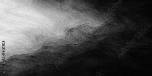 Abstract black and white background featuring a dark storm cloud with motion texture and misty fog