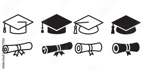 Graduation cap and diploma icon collection in outline and solid silhouette styles