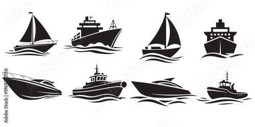 Collection of boat and ship silhouettes including sailboat yacht and cargo vessel