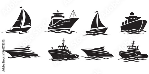 Collection of boat and ship silhouettes including sailboat yacht and cargo vessel