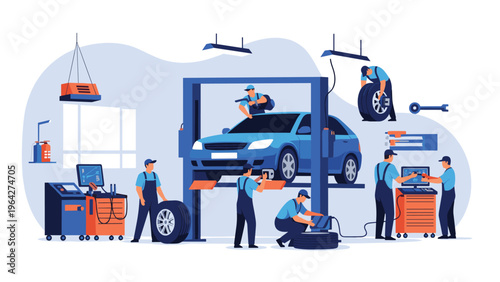 Professional mechanics perform maintenance and repairs on a blue car at a modern automotive service station with various tools.