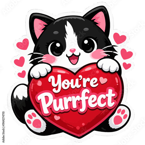 Adorable Cat Sticker Featuring a Cute Cat Holding a Heart with the Phrase “You’re Purrfect” in Playful Bold Typography | Sweet Color Palette of Black, Pink, and Red for a Fun, Cat-Inspired Design 