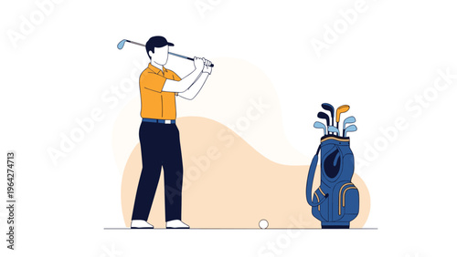 Male golfer wearing a yellow shirt completes his golf swing on the green next to a blue bag full of various professional clubs.