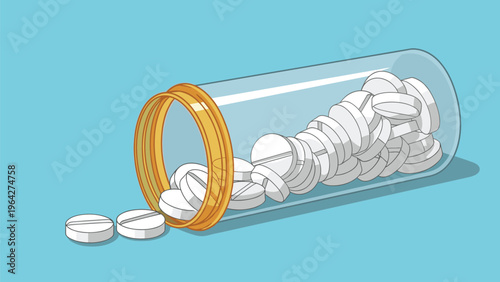 Transparent orange pill bottle lies on its side with many white medicinal tablets spilling out onto a light blue surface.