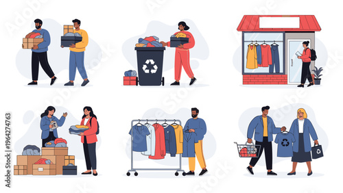 Collection of scenes depicts clothing recycling, donation into bins, and shopping at a local second hand garment retail store.