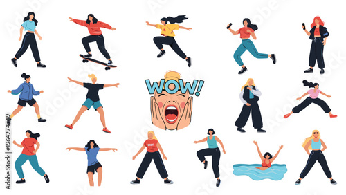 Set of various female character poses showing active movement like running, jumping, and swimming with a central shocked face.