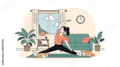 Young woman practices yoga stretches on a mat in her living room while two cute cats relax nearby in a peaceful domestic scene.