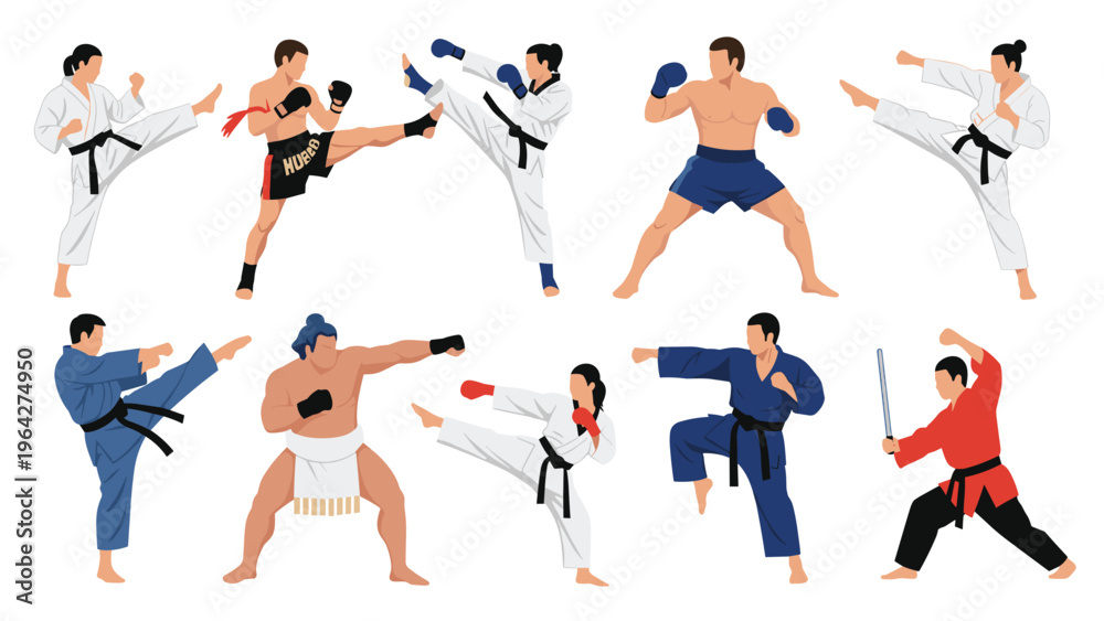 Fototapeta premium Diverse collection of martial arts athletes demonstrates various combat sports techniques including karate, boxing, and sumo.
