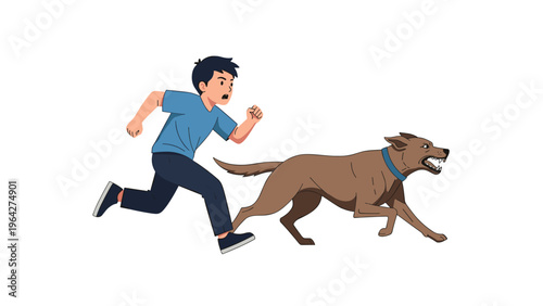 Scared young boy runs away as fast as possible from an aggressive brown dog that is barking and chasing him in a white space.