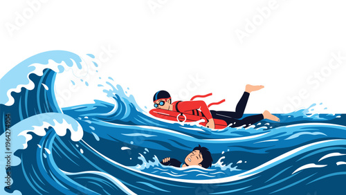 Brave lifeguard in a red uniform and goggles swims through high crashing ocean waves to rescue a person from drowning at sea.
