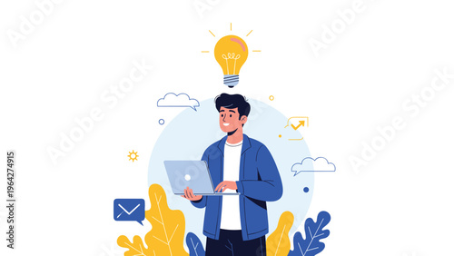 Creative man working on a laptop has a bright yellow light bulb appearing above his head symbolizing a new successful idea.