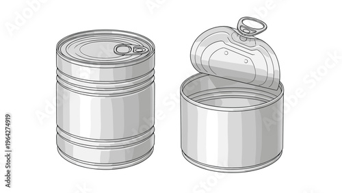Set of two metal tin cans shows one closed and one opened with the lid pulled back using a ring pull mechanism for food storage.