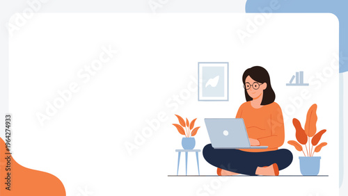 Woman wearing glasses sits cross-legged on the floor while working on her laptop computer in a peaceful home office with plants.