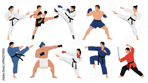 Diverse collection of martial arts athletes demonstrates various combat sports techniques including karate, boxing, and sumo.