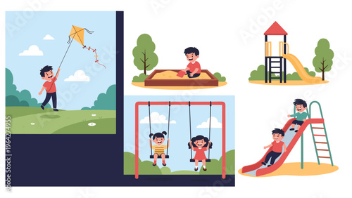Happy children enjoy various activities at a playground including flying a kite, playing in a sandbox, swinging, and sliding.