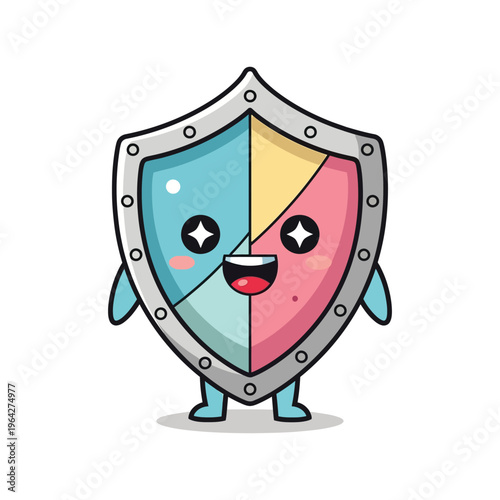 Colorful shield cartoon character smiling.