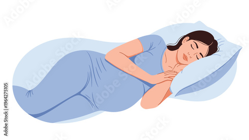 Pregnant woman rests comfortably on her side using a large specialized pregnancy body pillow for better sleep and support.