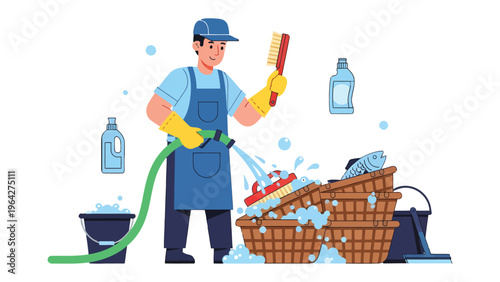 Cleanliness and Diligence: A dedicated cleaner diligently uses a hose and brush, alongside cleaning supplies, to ensure the highest standards of hygiene and sanitation. 