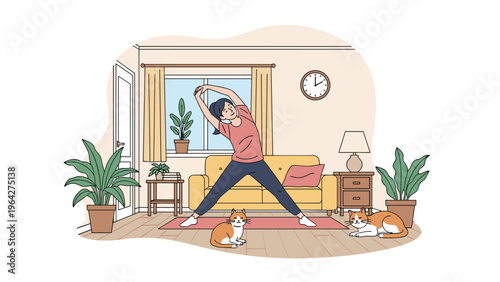 Fit young woman performs a side stretch yoga pose in her cozy living room while her pet cats relax nearby on the floor.