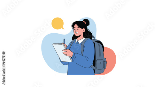 Diligent female student wearing a blue sweater and backpack stands ready to learn while writing notes in her white notebook.