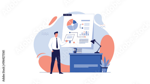 Professional male analyst stands by a desk and uses a pointer to explain complex data charts on a large presentation board.