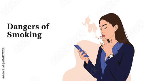 Stylish young woman in a blue suit smokes a cigarette while intently looking at her smartphone screen on a white background.