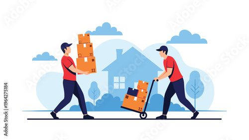 Two professional delivery workers in red shirts and caps carry cardboard boxes to a house during a residential move process.