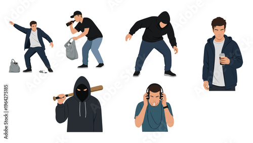 Set of male character illustrations depicts various types of antisocial behavior like theft, drinking, and physical violence.