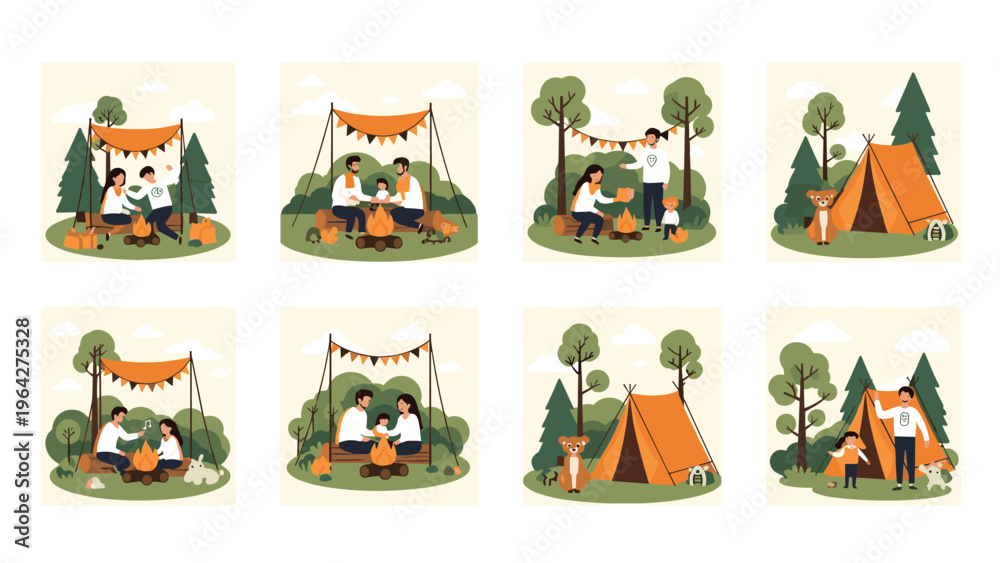 Fototapeta premium Series of outdoor camping illustrations show families sitting by a bonfire, roasting marshmallows, and resting near a tent.