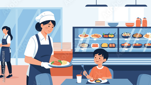 Friendly school cafeteria worker in a chef hat and apron serves a healthy hot meal to a young boy sitting at a lunch table.