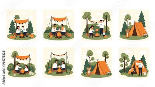 Series of outdoor camping illustrations show families sitting by a bonfire, roasting marshmallows, and resting near a tent.