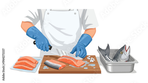 Bilde på lerret Salmon Preparation: A skilled chef meticulously prepares salmon fillet on a cutting board, showcasing the art of seafood preparation in a clean and professional setting