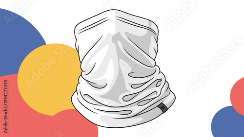 Technical illustration of a versatile white neck gaiter or face shield designed for outdoor protection against dust and wind.