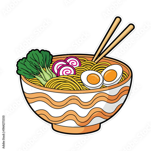 Stylized Ramen Bowl with Noodles, Eggs, and Bok Choy, Chopsticks