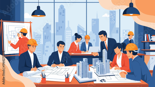 Group of architects and civil engineers collaborate on building blueprints and 3D models in a modern city office workspace.