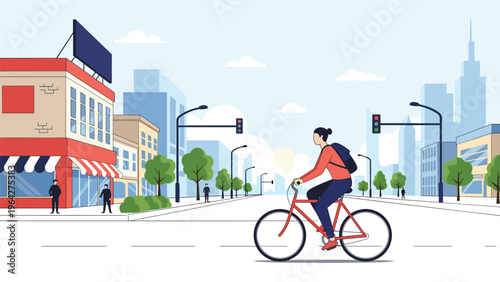 Active woman in casual clothing and a backpack rides her red bicycle down a wide city street past urban shops and traffic.
