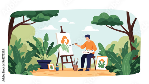 Talented artist sits on a stool in a lush green park while painting a beautiful woman's portrait on a canvas with a brush.