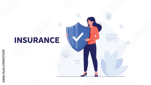 Confident woman stands next to a large blue safety shield with a checkmark to represent a secure and reliable insurance plan.
