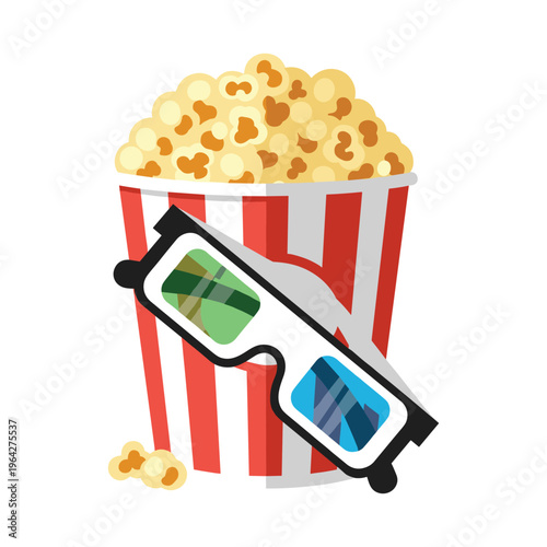 Movie Time Popcorn Bucket with 3D Glasses - Vector Illustration
