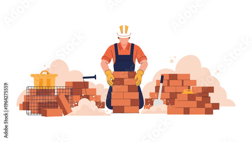Bricklayer's Craft: A construction worker, clad in work attire and protective gear, diligently arranges bricks to build a solid structure, symbolizing skill and craftsmanship.