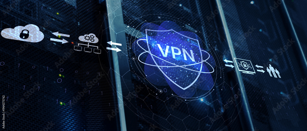 Fototapeta premium VPN Cybersecurity Network Protection Concept with Digital Shield Interface and Server Infrastructure Background
